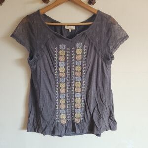 Sundance Charcoal Gray Embroidered Mesh Short Sleeve Top XS
